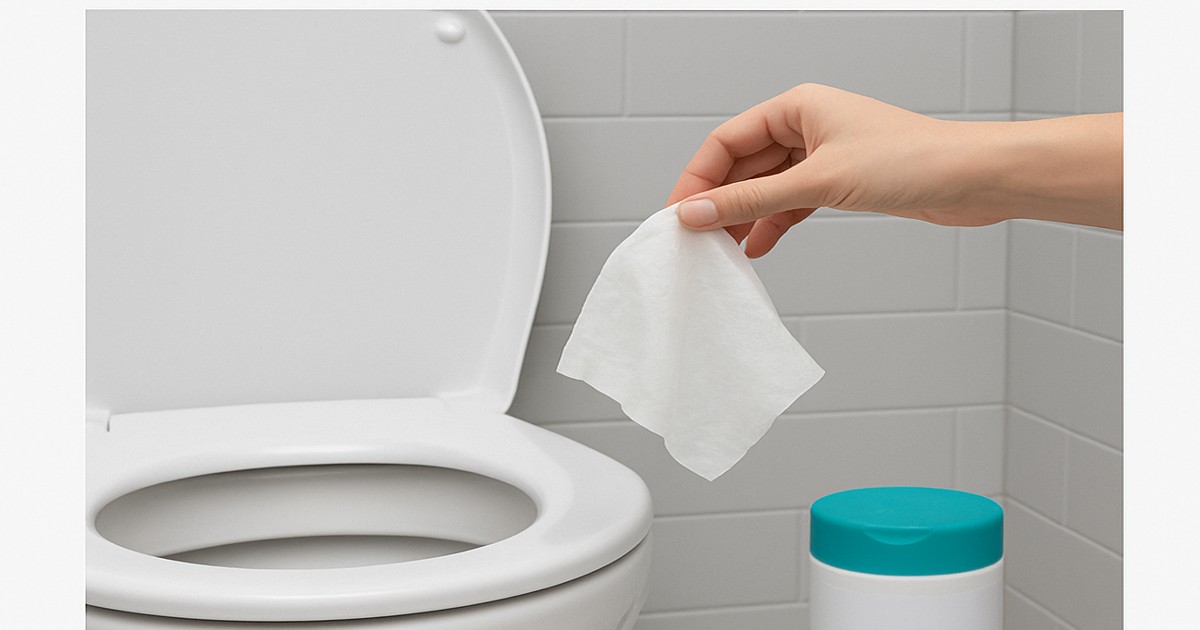 Lingette tenue au-dessus d’une cuvette de WC, illustrant le risque de bouchon causé par les lingettes jetées dans les toilettes