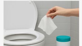 Lingette tenue au-dessus d’une cuvette de WC, illustrant le risque de bouchon causé par les lingettes jetées dans les toilettes