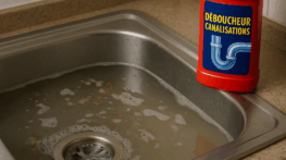 Évier bouché avec produit de débouchage chimique visible