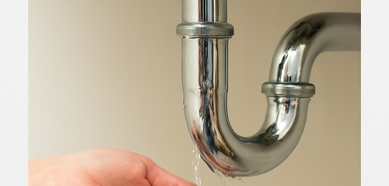 Goutte d’eau tombant d’un siphon chromé dans la main d’une femme, illustrant une fuite domestique