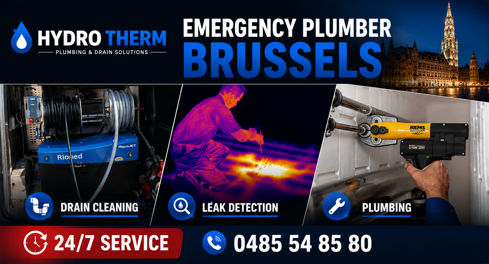 Emergency plumber in Brussels offering drain cleaning, leak detection and plumbing services available 24/7