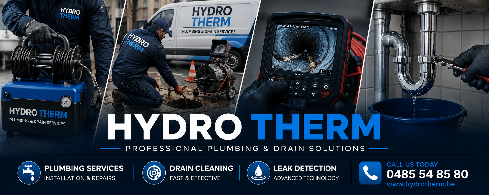 Hydro Therm emergency plumber in Brussels for drain cleaning, leak detection and plumbing repairs available 24/7